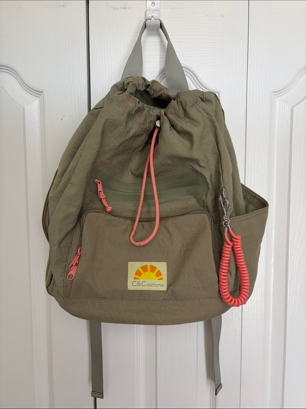C&C California Olive Drawstring Backpack with Coral Accents